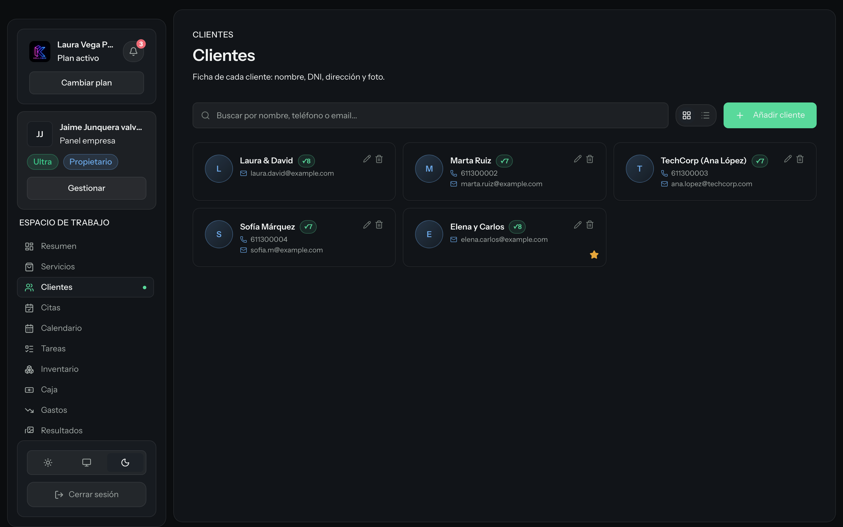CRM de clientes de Kollabox con la ficha de cada cliente